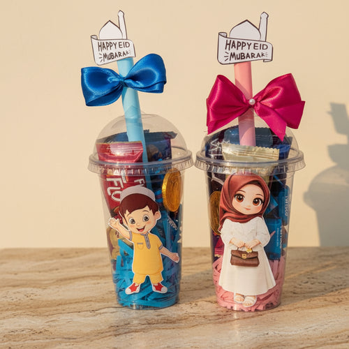 Two tumbler cups with cartoon characters and 'Happy Eid Mubarak' signs on a white background.