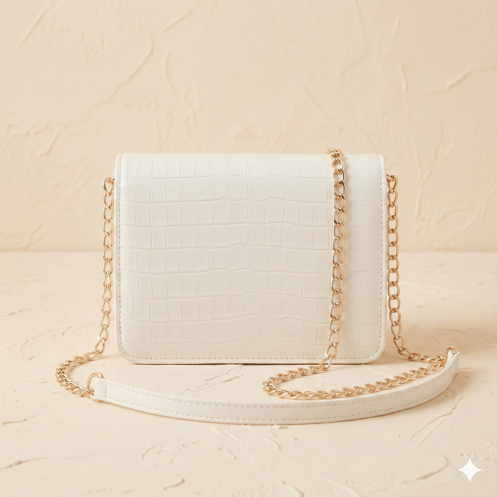 White textured handbag with gold chain strap on a beige background