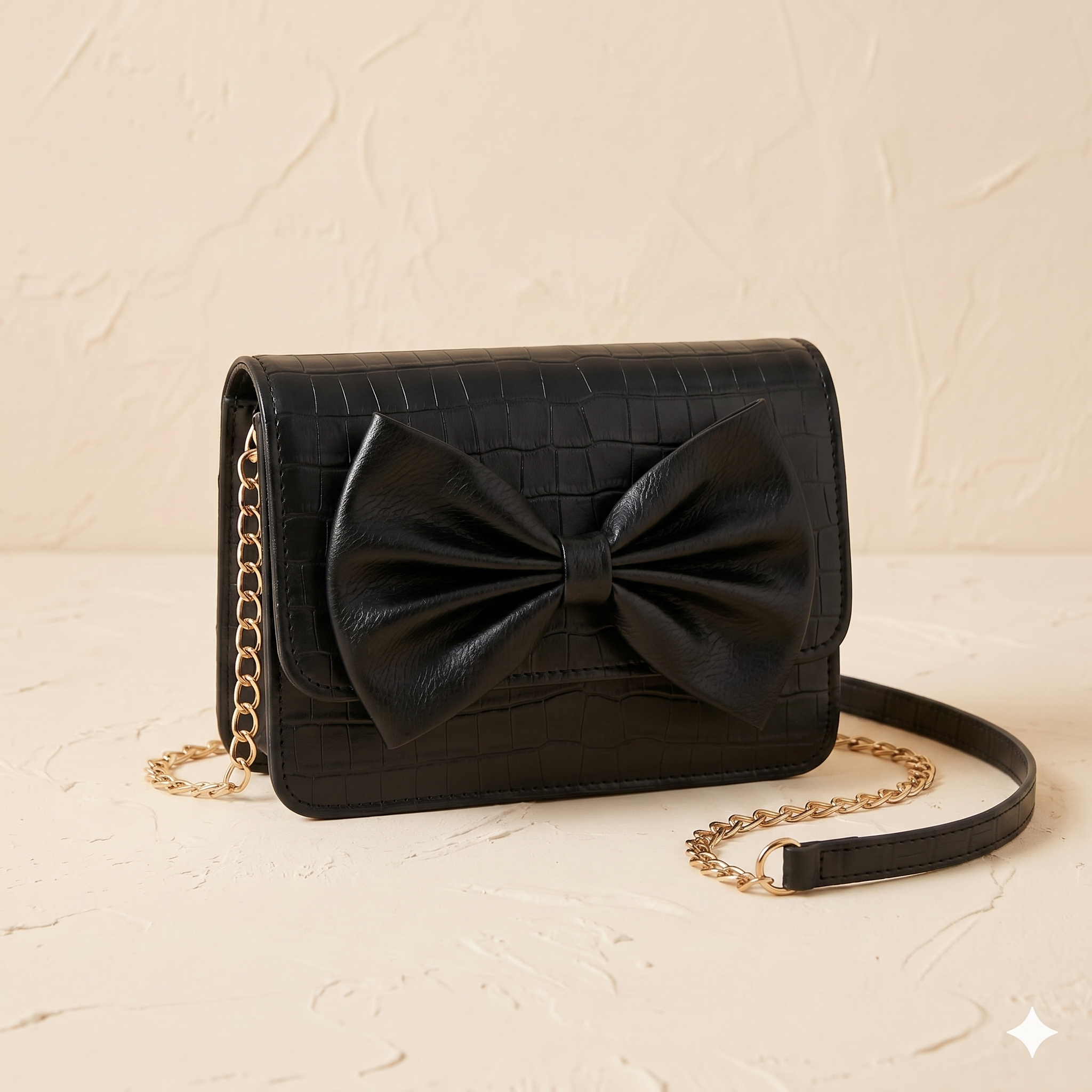 Black handbag with a large bow and gold chain strap on a beige background