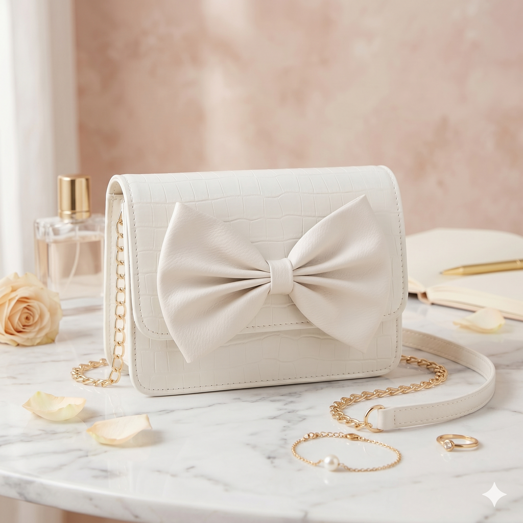 Beige handbag with a large bow on a marble surface with decorative items.