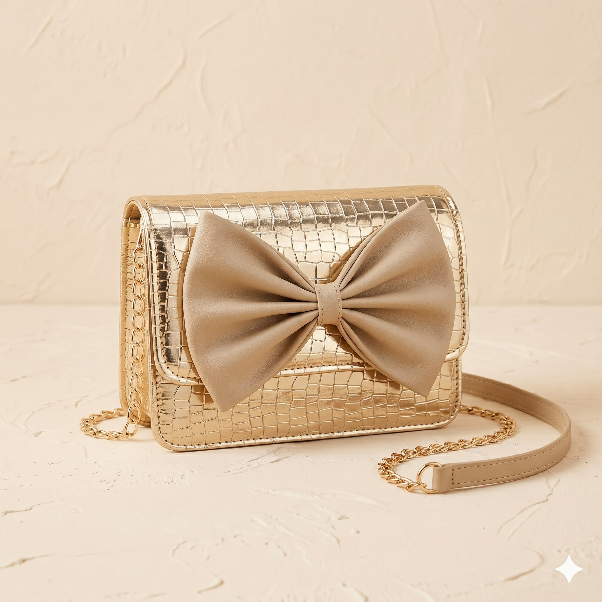 Gold handbag with a large bow on a beige background