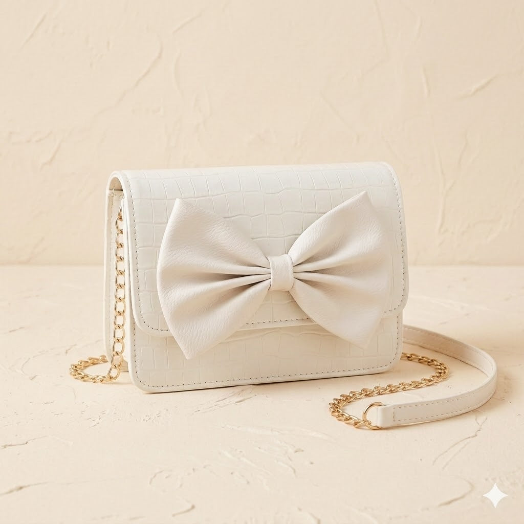 White handbag with a large bow on a beige background