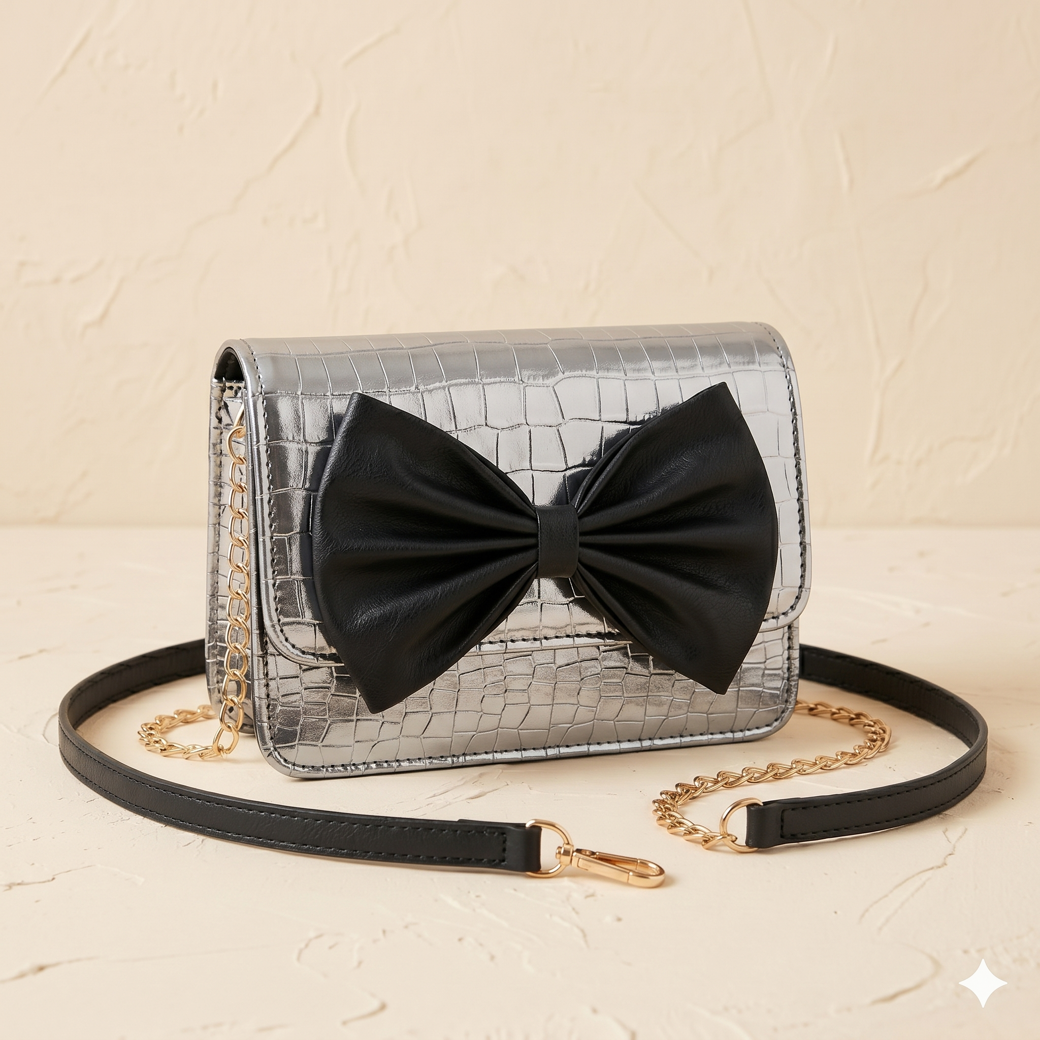 Silver handbag with a black bow on a beige background