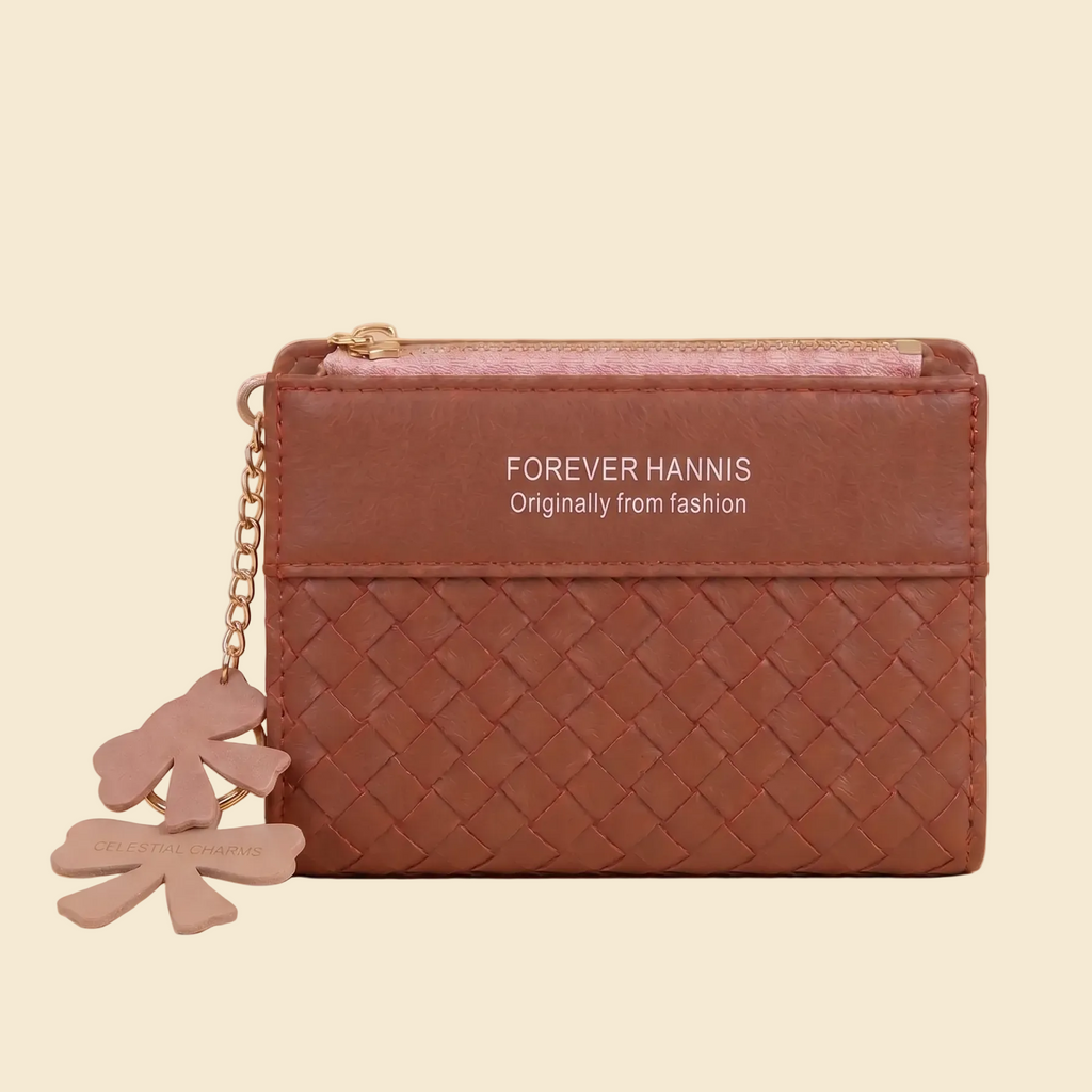 Brown woven wallet with floral charm and 'Forever Hannis' branding on a beige background