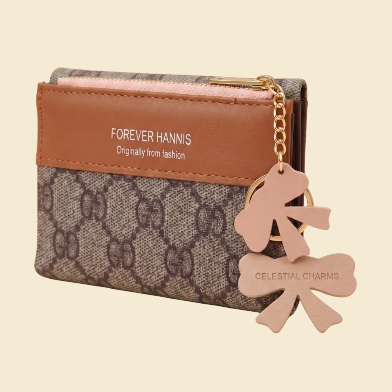 Small wallet with 'Forever Hannis' branding and a decorative charm on a beige background