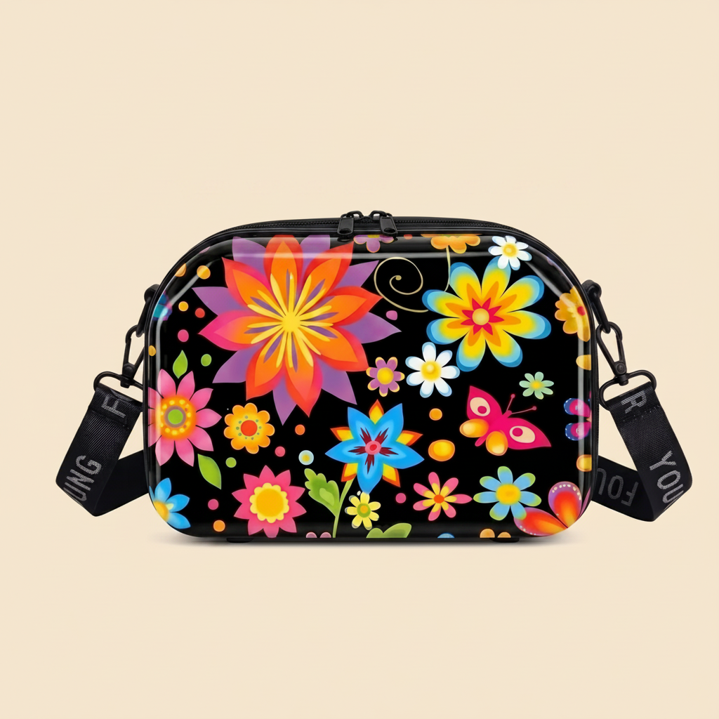 Colorful floral and butterfly design on a black bag with 'FOG' branding.