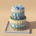 Two-tier diaper cake with blue decorations on a table with a teal chair and white wall in the background.
