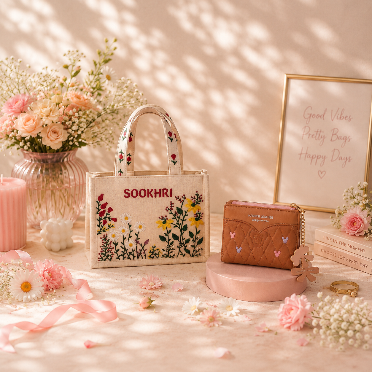 Decorative handbag with floral embroidery and matching wallet on a table with flowers and candles.