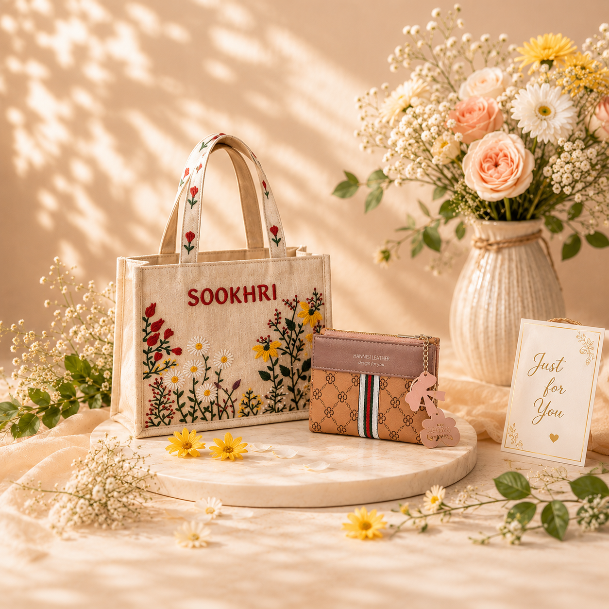 Decorative bag with floral design and 'SOOKHRI!' branding, accompanied by a card and small pouch on a soft background.
