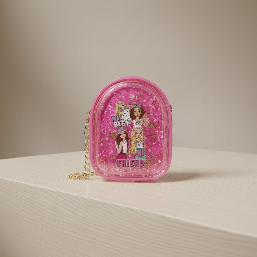 Pink mini backpack with character design on a beige background