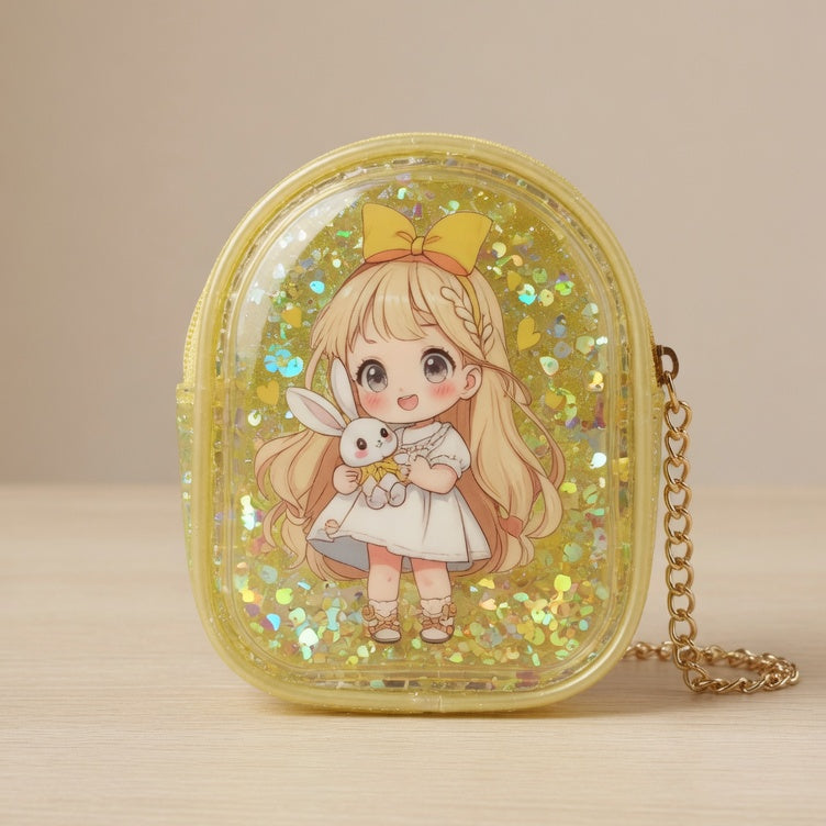 Glittery case with an illustration of a girl holding a bird on a beige background