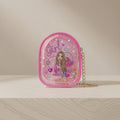 Pink makeup bag with character design and 'Girl Power' text on a beige background