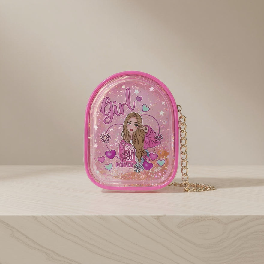 Pink makeup bag with character design and 'Girl Power' text on a beige background