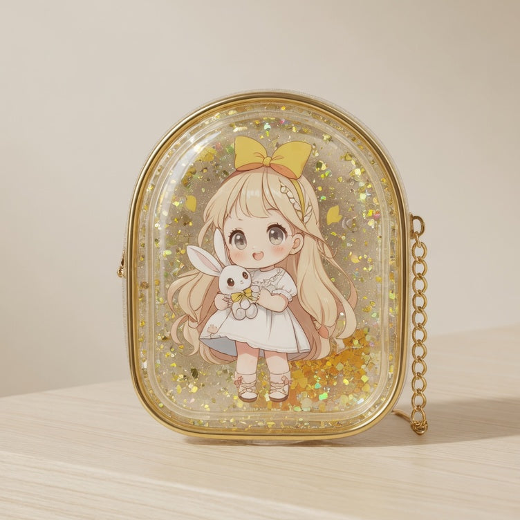 Small handbag with anime character design on a light surface