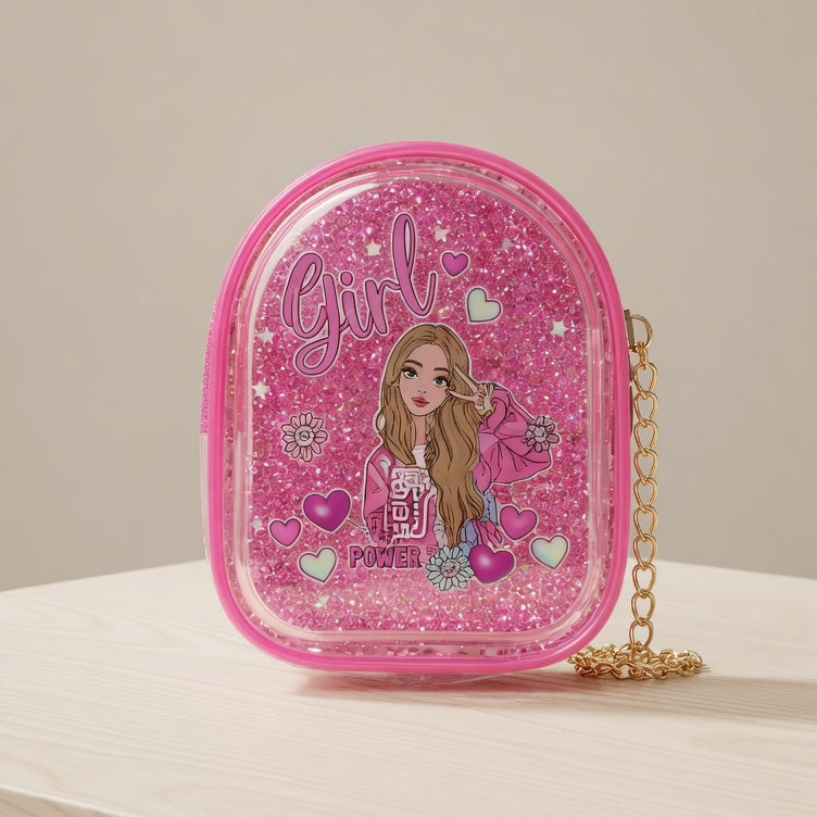 Pink glittery pouch with character design on a beige background