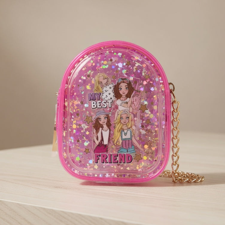 Pink glittery pouch with cartoon characters on a beige background