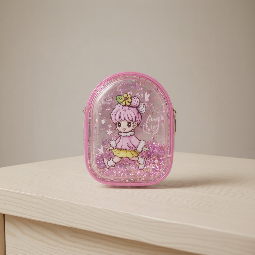 Pink glittery case with cartoon character on a beige surface