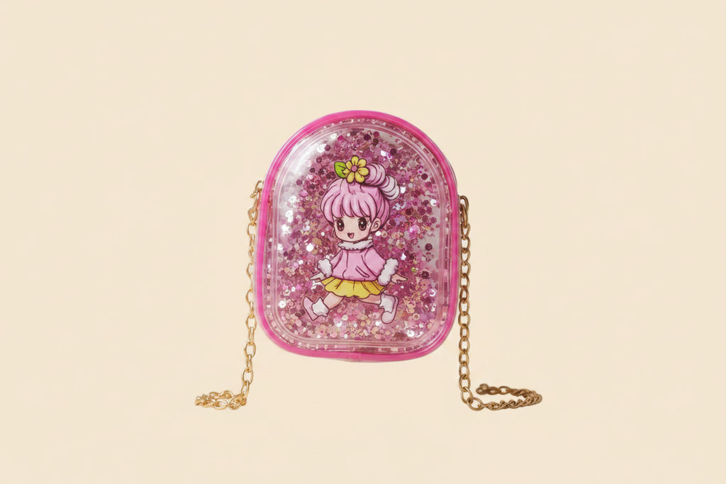 Pink glittery case with a cartoon character on a beige background