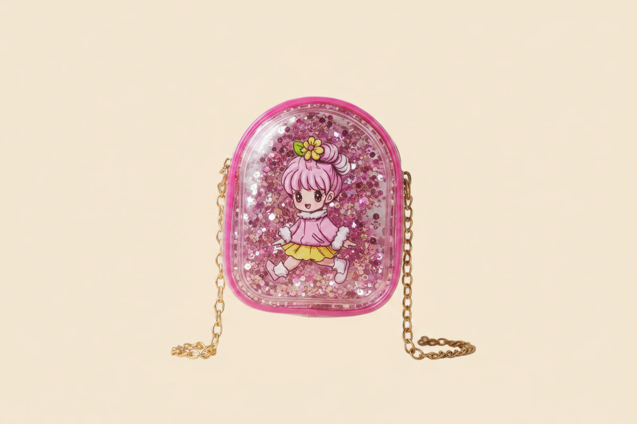 Pink glittery case with a cartoon character on a beige background