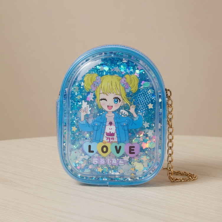 Blue glittery case with a cartoon character and 'LOVE' text on a beige background
