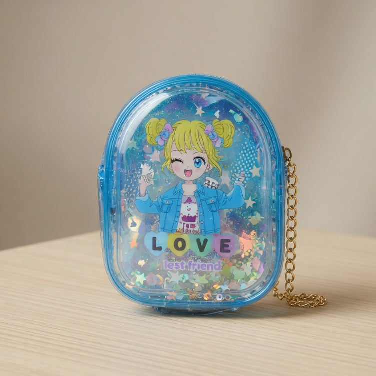 Small blue backpack with cartoon character and 'LOVE' text on a beige surface.