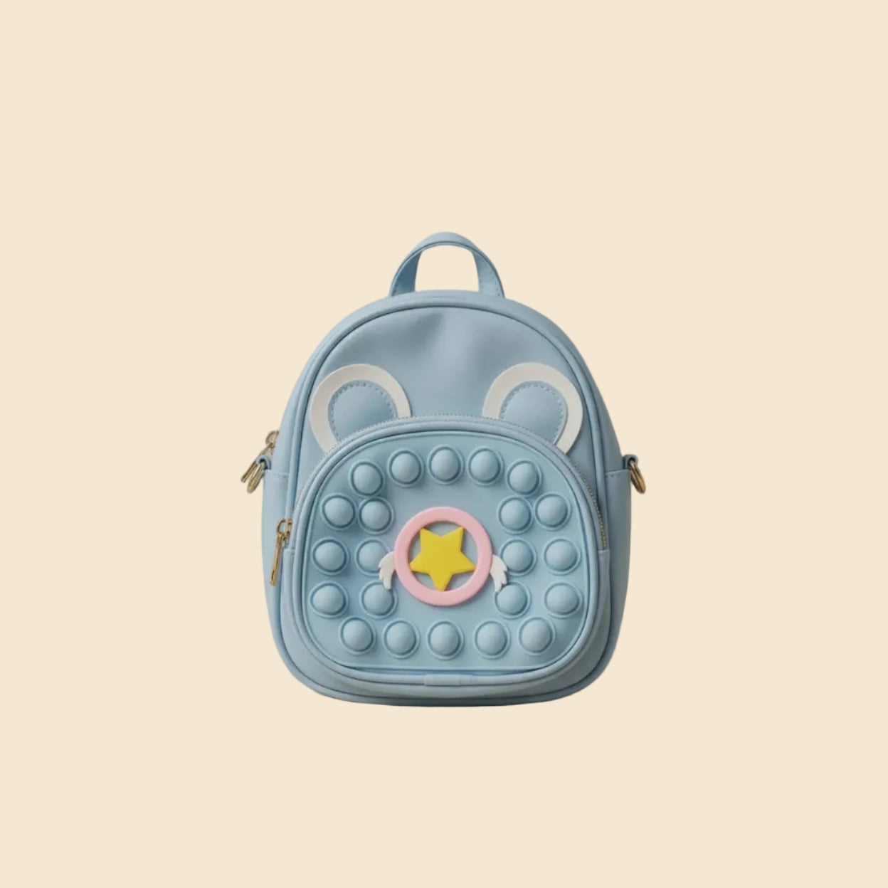 Light blue backpack with animal ears and a star design on a beige background