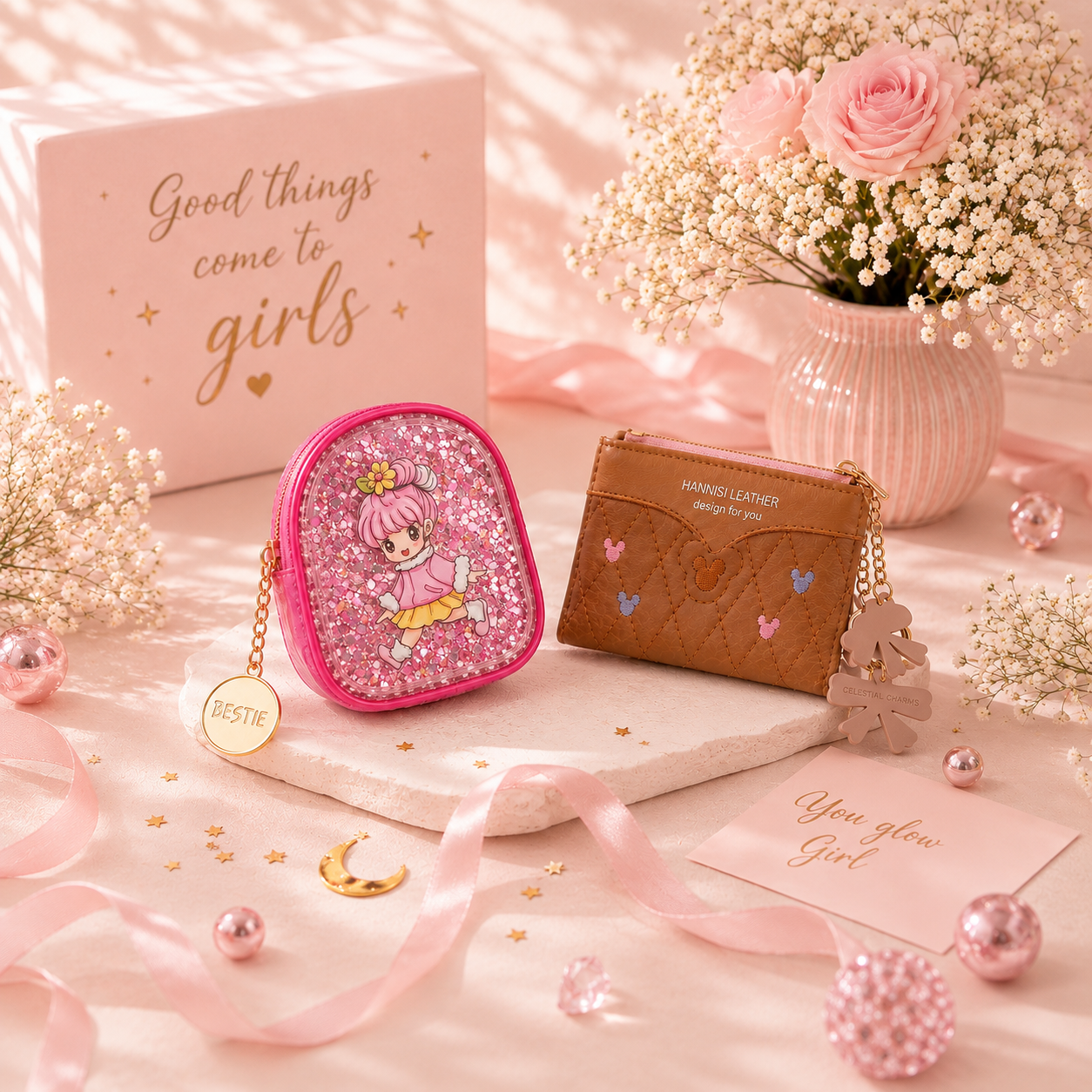 Pink glittery pouch and brown wallet on a pink surface with decorative elements.