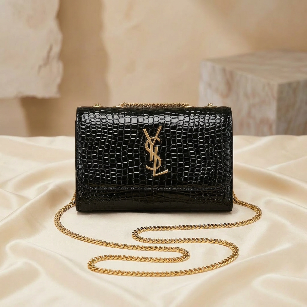 Black handbag with gold chain on a beige fabric background