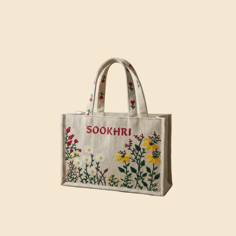 Beige tote bag with floral embroidery and 'Sookhri' branding on a beige background