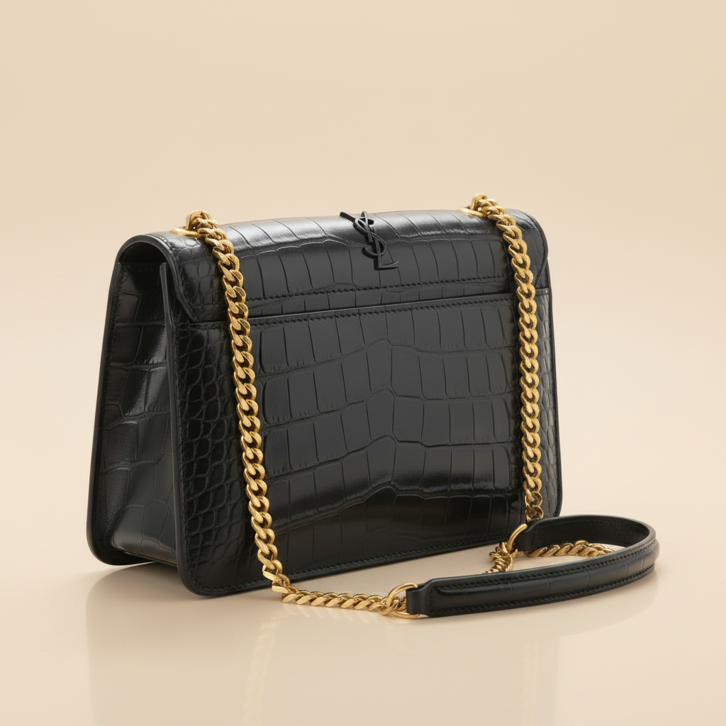 YSL Elegant Black Croc - 3/4 Angle